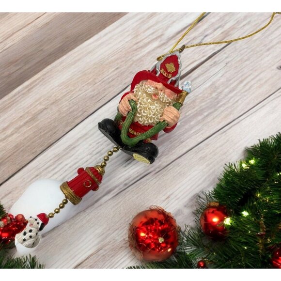 Vintage Firefighter Santa Claus Christmas Tree Ornament Dalmatian Fire Hydrant - Picture 1 of 7